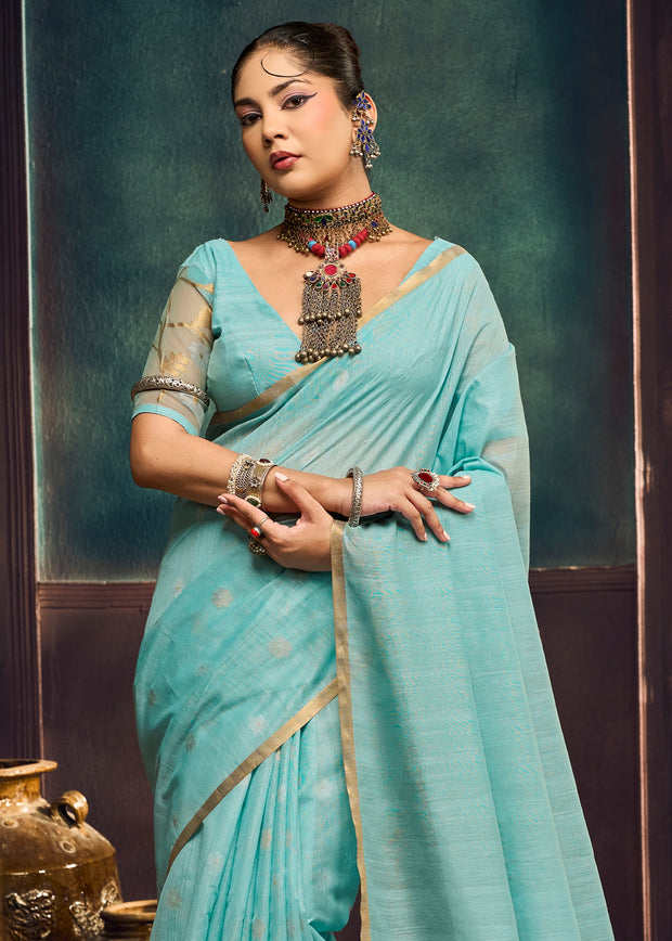Sky blue Woven Munga Cotton Silk Saree
