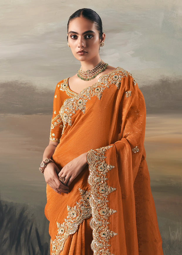 Orange Tissue Embroidered Wedding Wear Saree