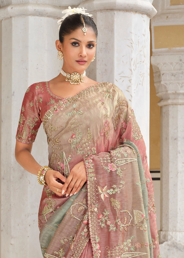 Dry Rose Pink Designer Embroidered Silk Saree