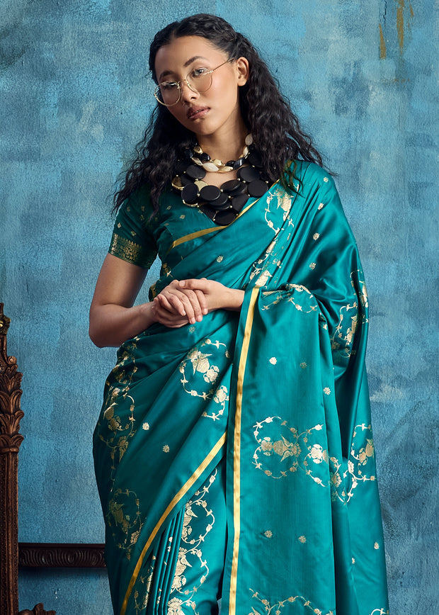 Teal Blue Woven Banarasi Satin Silk Saree