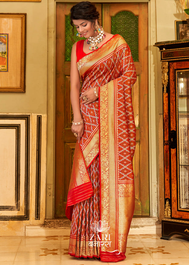 Ahalya red Banarasi brocade saree with handwoven zari motifs from Varanasi