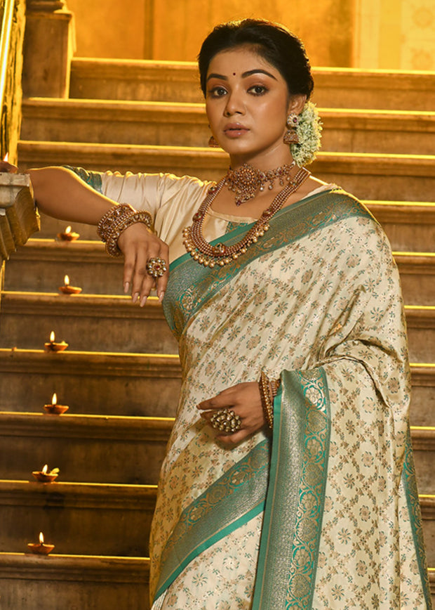 Antique Green Woven Banarasi Brocade Silk Saree With Overall Jaal