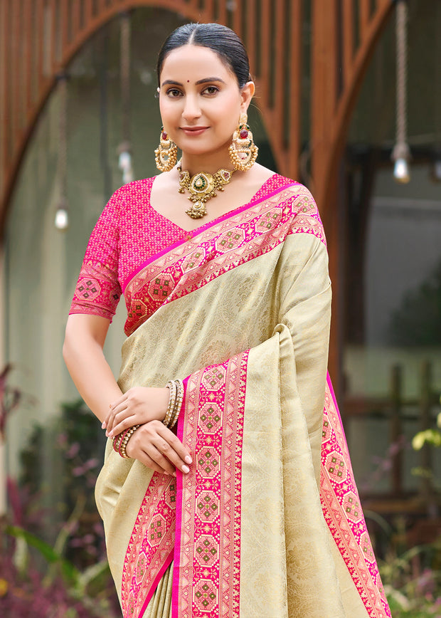 Beige Pink Woven Banarasi Silk Saree
