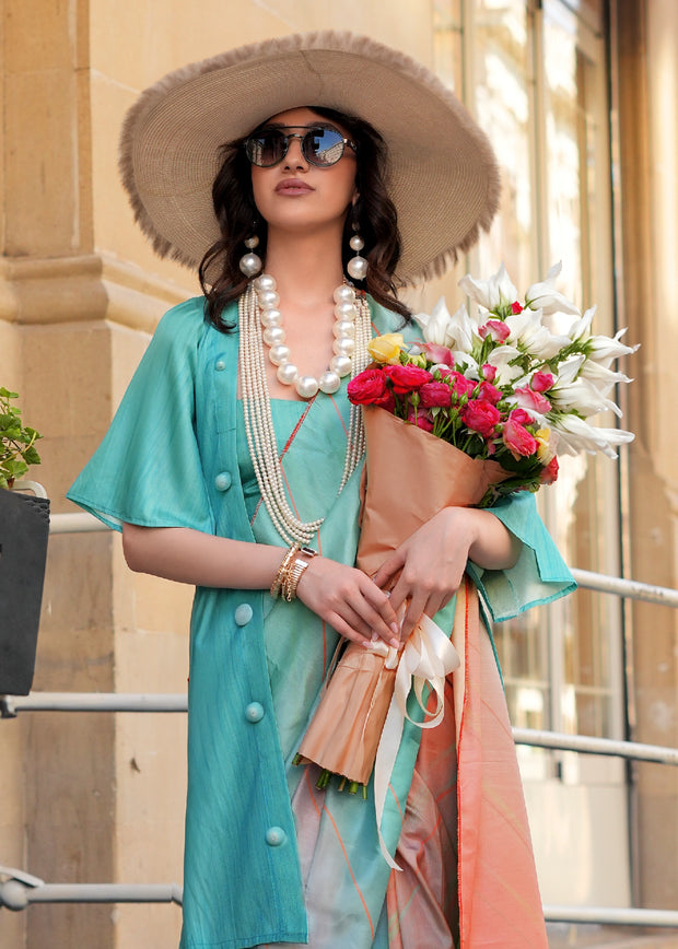 Teal Blue Digital Printed Soft Silk Saree