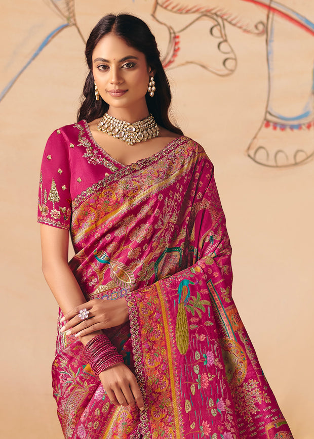 Fuchia Pink Designer Embroidered Saree