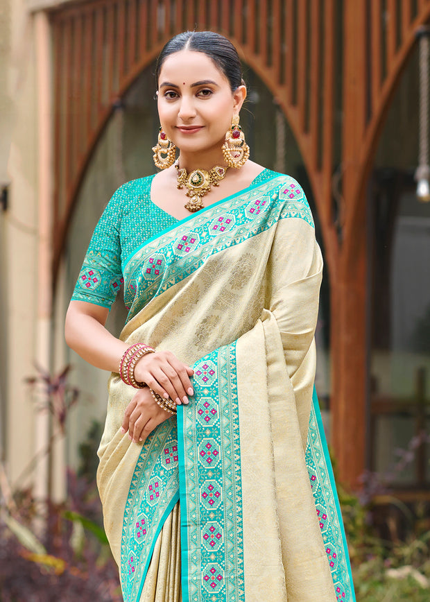 Off White And Blue Woven Banarasi Silk Saree