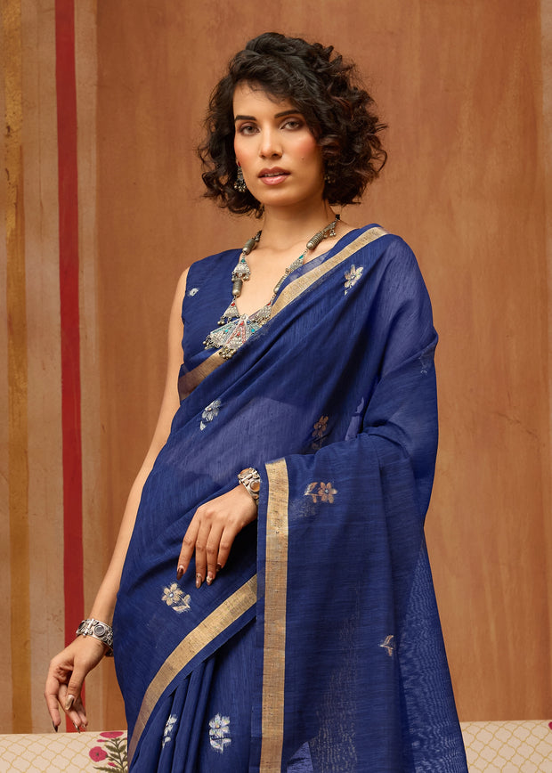 Midnight Blue Woven Cotton Silk Saree