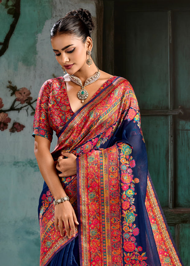 Navy Blue Woven Cotton Kashmiri Jamewar Saree