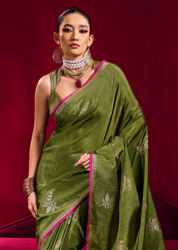 Heena Green Woven Banarasi Satin Linen Silk Saree
