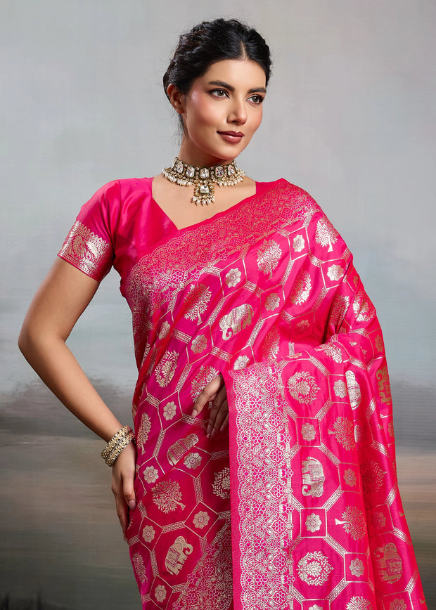 Fuchsia Pink Woven Banarasi Silk Saree
