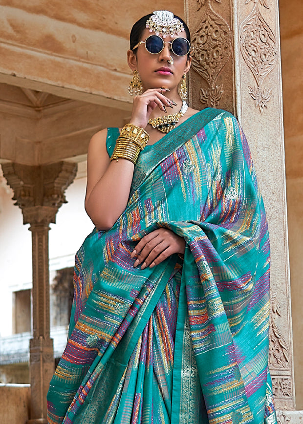 Teal Blue Printed Soft Silk Saree