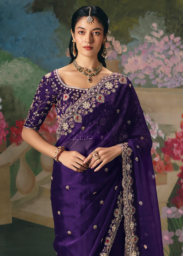Rich Purple Embroidered Designer Saree