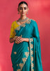 Peacock Blue Embroidered Soft Silk Saree With Contrast Blouse