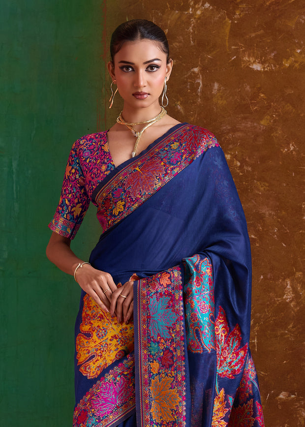 Sapphire Blue Woven Cotton Kashmiri Jamewar Saree