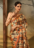 Brown And Beige Printed Satin Silk Saree