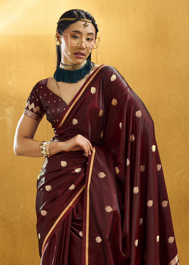 Dark Maroon Woven Banarasi Satin Silk Saree