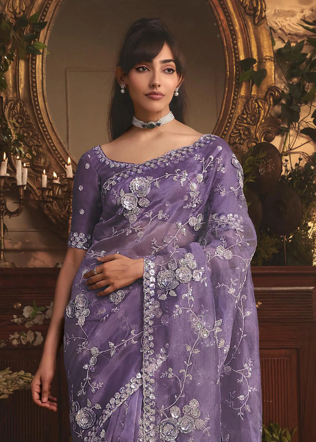 Lilac Mist Designer Tissue Organza  Saree