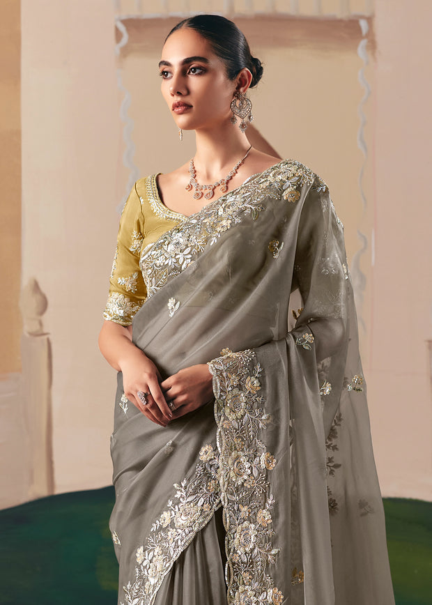 Taupe Grey Embroidered Designer Saree