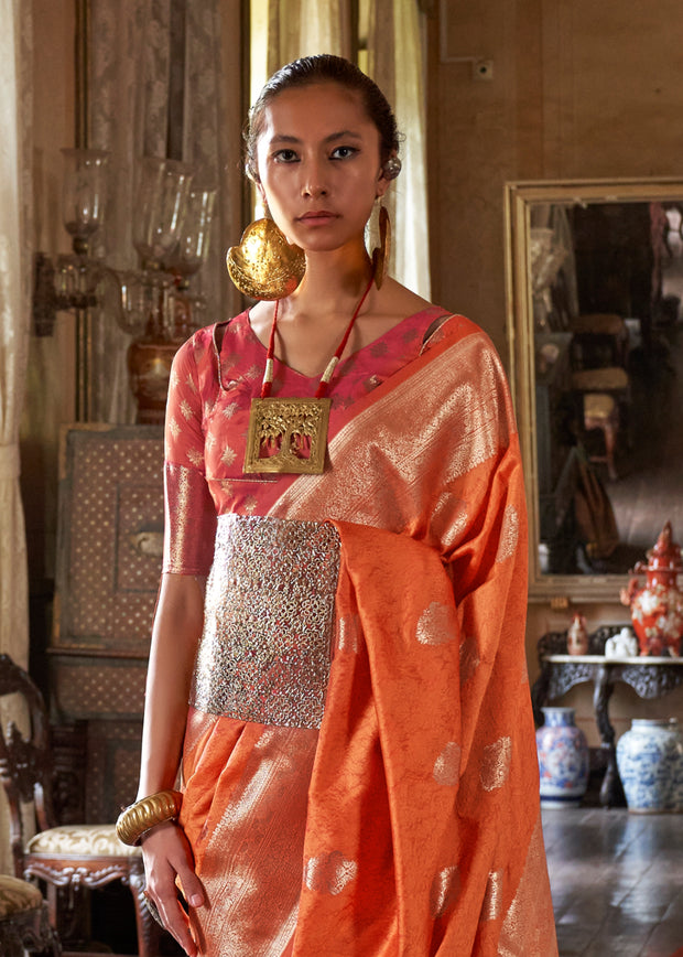 Blazing Orange Dual Tone Woven Banarasi Silk Saree