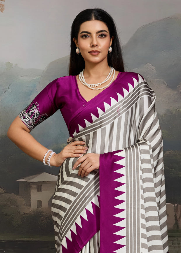 Plum Purple And White Printed Satin Silk Saree