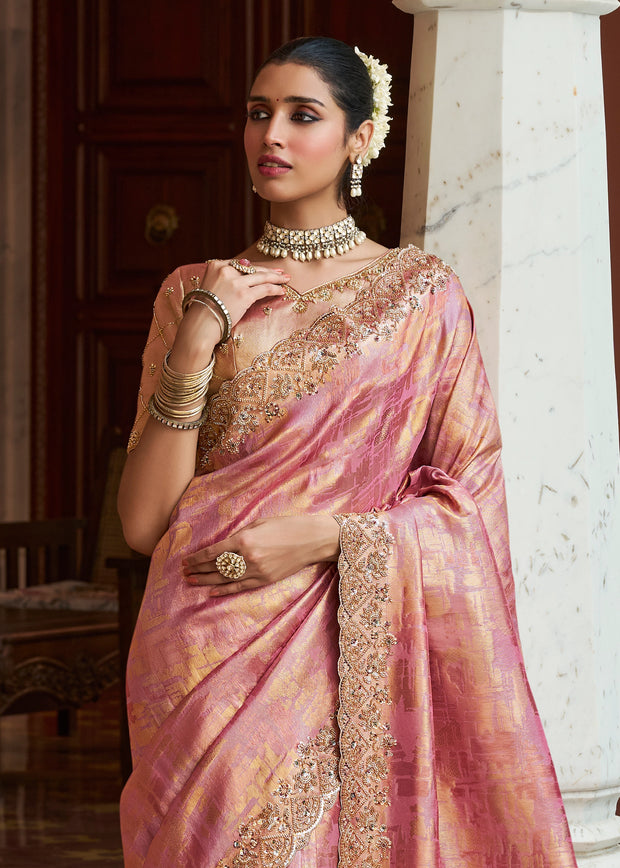 Peach Pink Bead Work Kanjivaram Soft Silk Saree