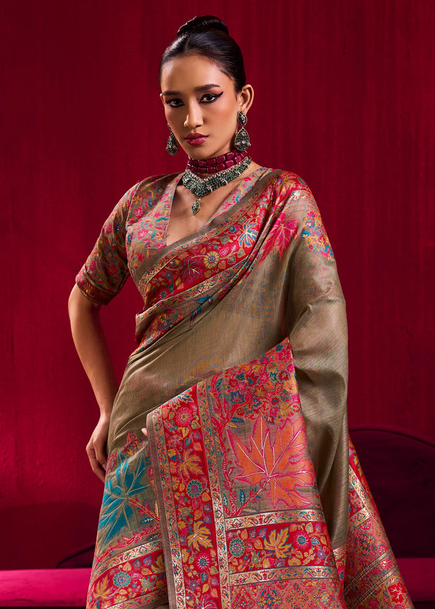 Grey Green Woven Cotton Kashmiri Jamewar Saree