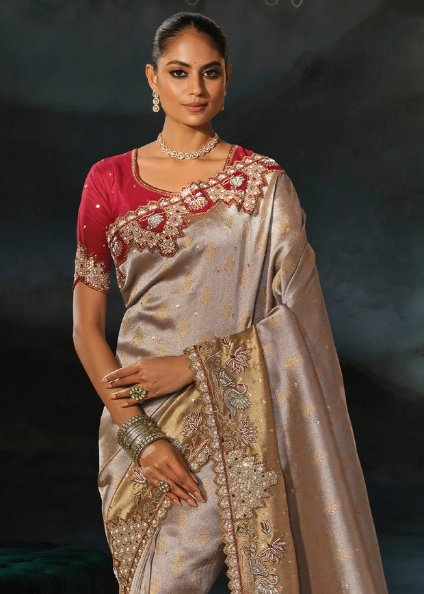Golden Beige Embroidered Tanchoi Silk Saree
