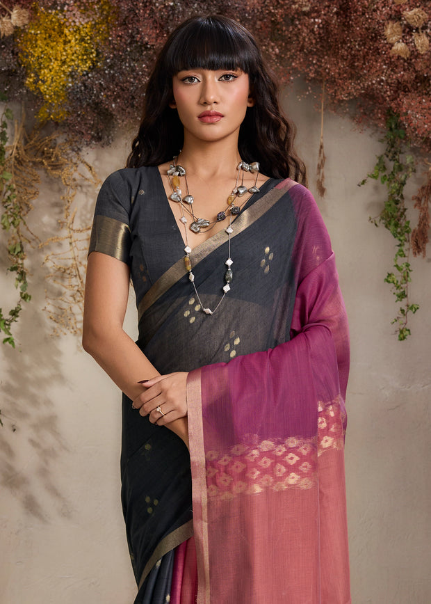 Black And Purple Woven Cotton Silk Saree
