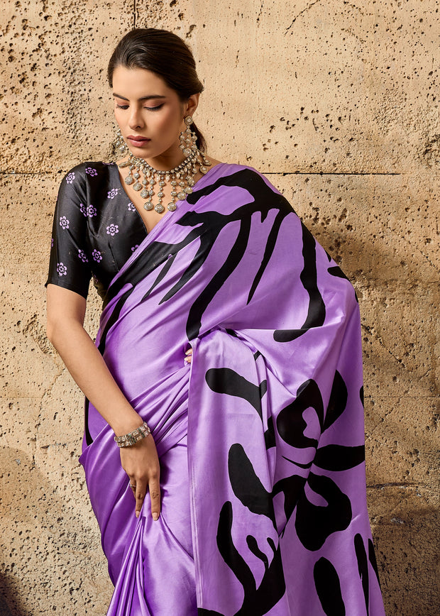 Lavender Purple Printed Satin Silk Saree