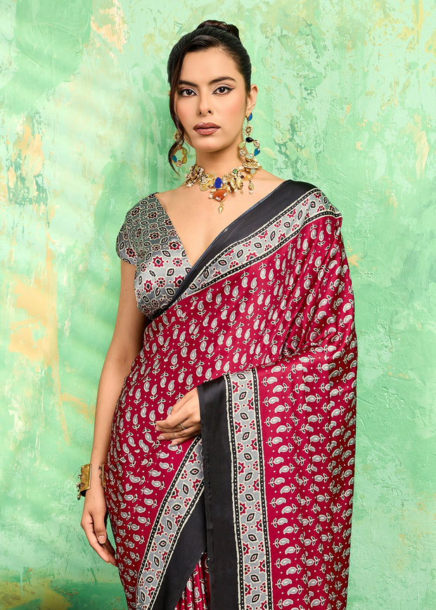 Scarlet Red Printed Satin Silk Saree