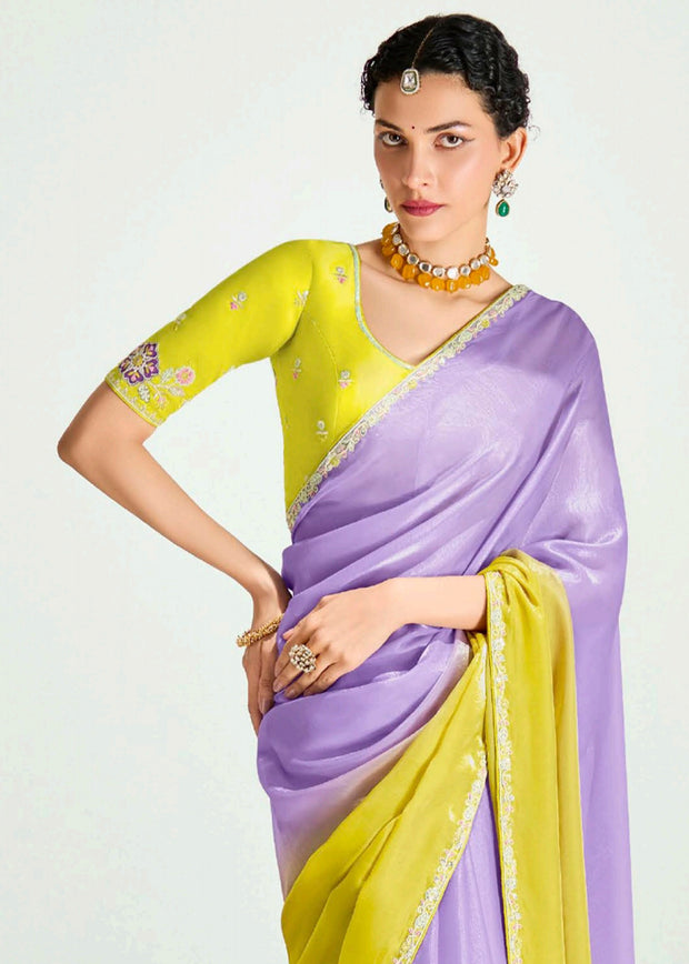 Lavender Yellow Ombre Designer Tissue Saree With Embroidered Blouse