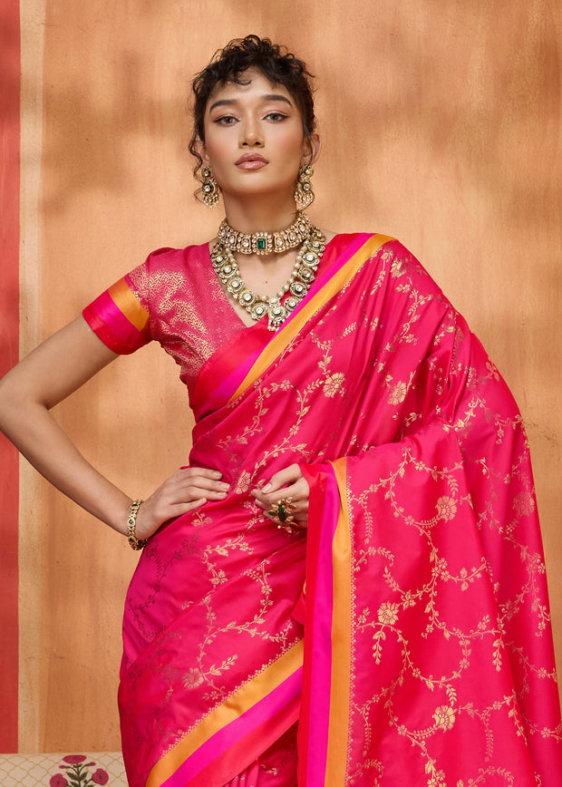 Raspberry Pink Woven Banarasi Silk Saree