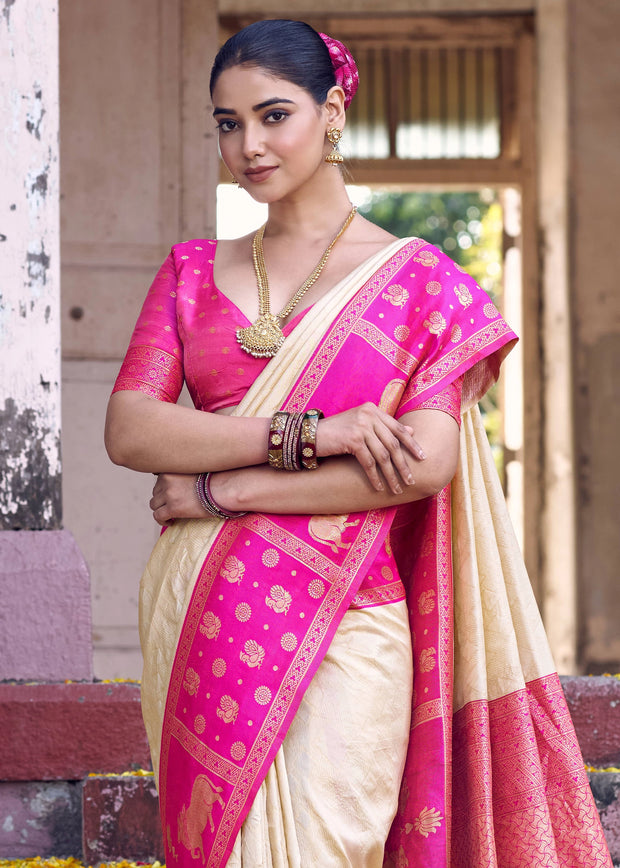 White And Pink Woven Banarasi Silk Saree