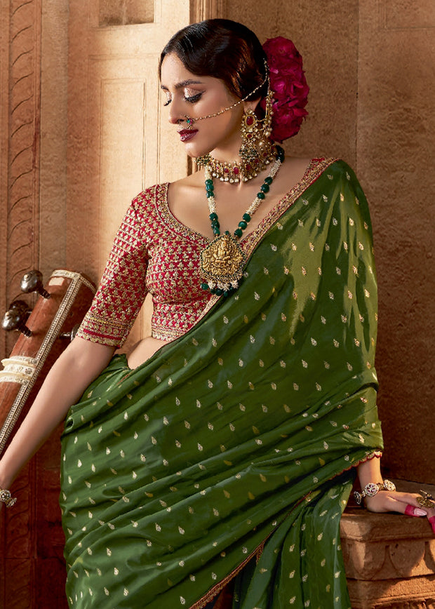 “Exclusive Offer” : Medium Green Woven Designer Embroidered Silk Saree With Contrast Blouse