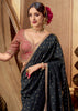 “Exclusive Offer” : Pirate Black Woven Designer Embroidered Silk Saree With Contrast Blouse