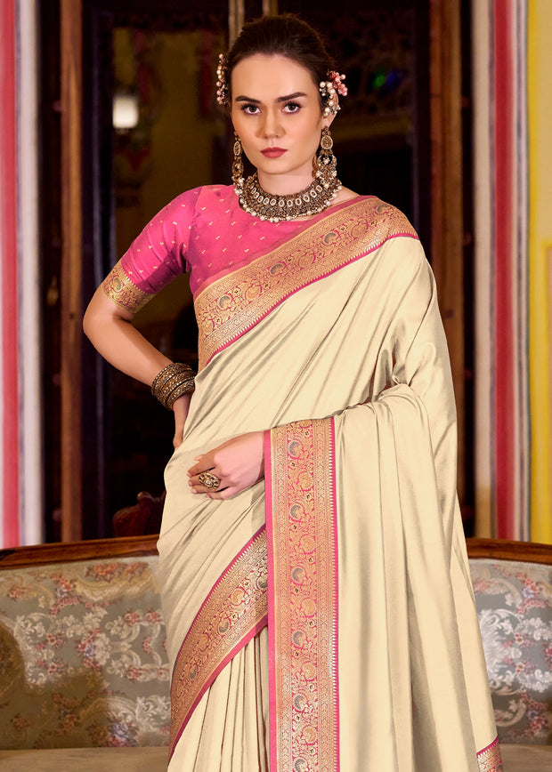 Off White Banarasi Soft Silk Saree