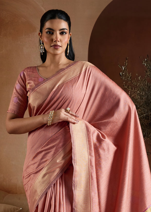 Peach Pink Woven Banarasi Silk Saree