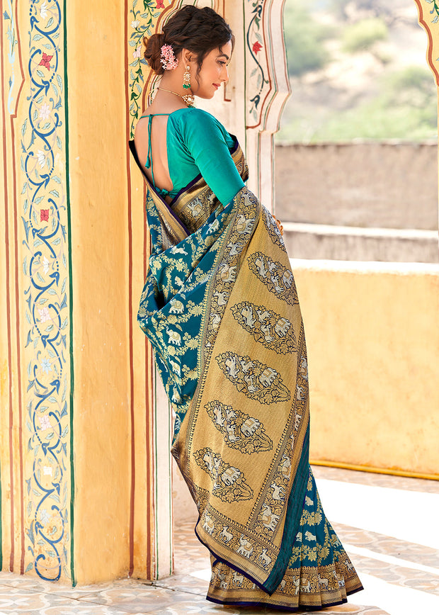 Sherbagh: Banarasi Shikargah Katan Silk Saree with Zari Floral Jaal in Shades of Blue (7659245600961) (7721087828161)