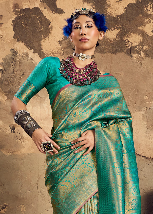 Peacock Green Woven Kanjivaram Silk Saree