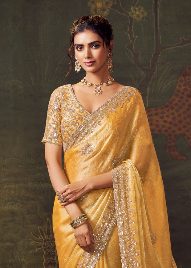 Sunshine Yellow Designer Tissue Silk Saree