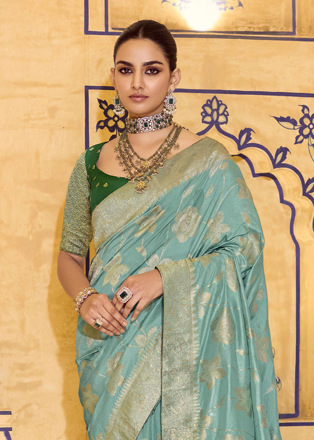 Aqua Blue Woven Banarasi Silk Saree