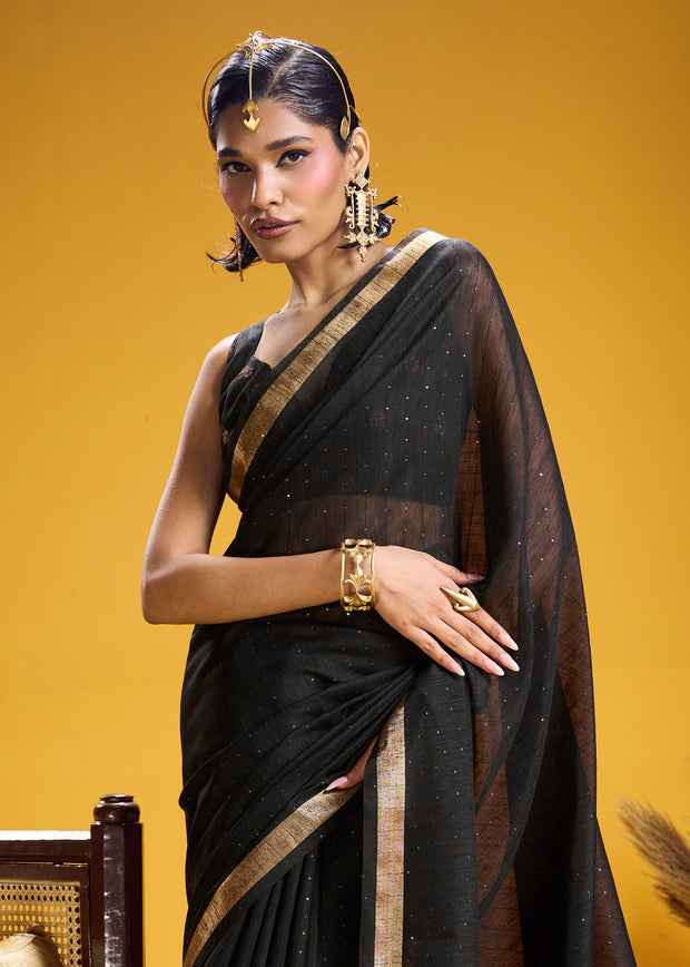 Jet Black Woven Cotton Silk Saree