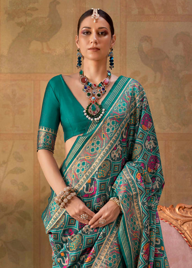 Teal Blue Printed Patola Silk Saree
