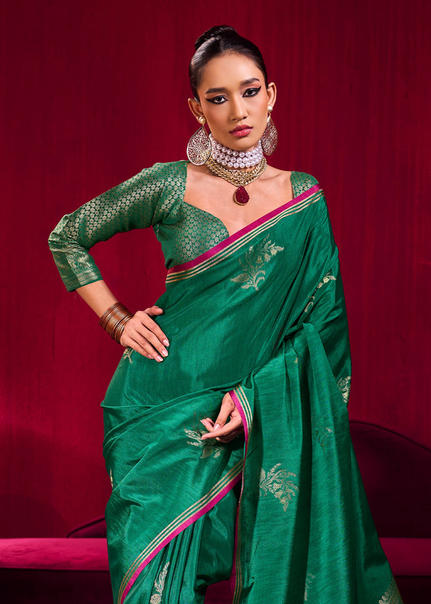 Forast Green Woven Banarasi Satin Linen Silk Saree