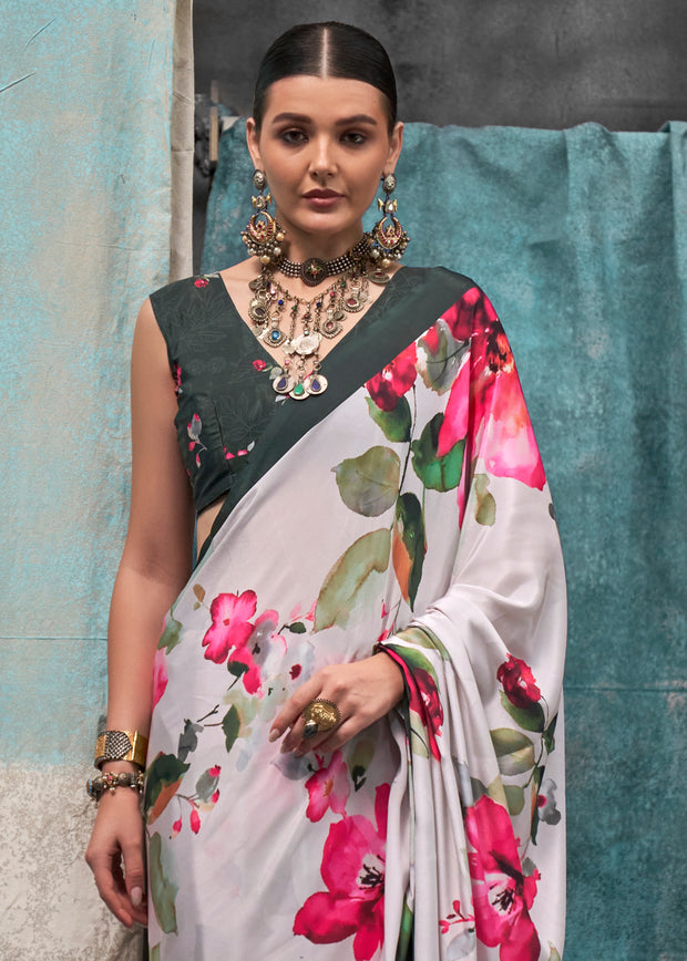 White And Green Satin Crepe Printed Silk Saree