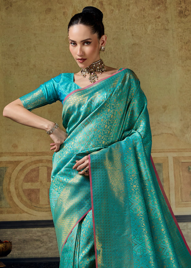 Teal Green Woven Banarasi Silk Saree