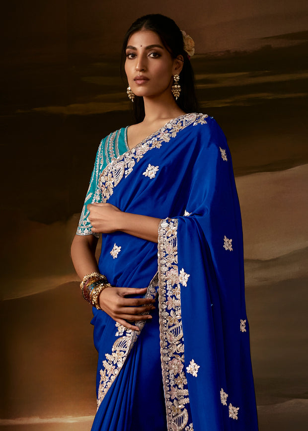 Sapphire Blue Embroidered Designer Organza Saree