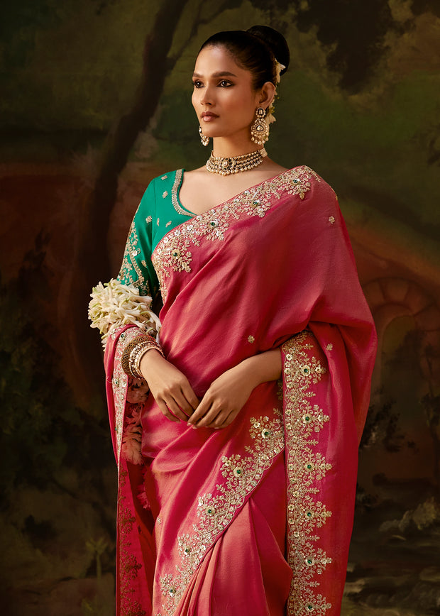 Rani Pink Embroidered Tissue Saree