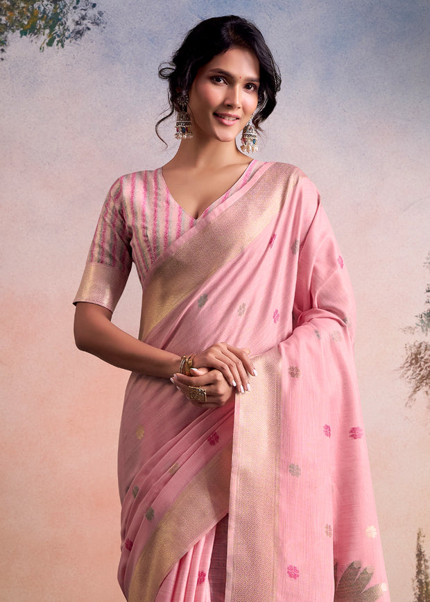 Blush Pink Woven Linen Cotton Silk Saree