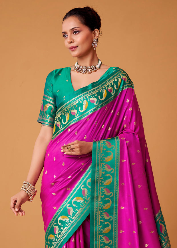 Rani Pink Woven Banarasi Silk Saree